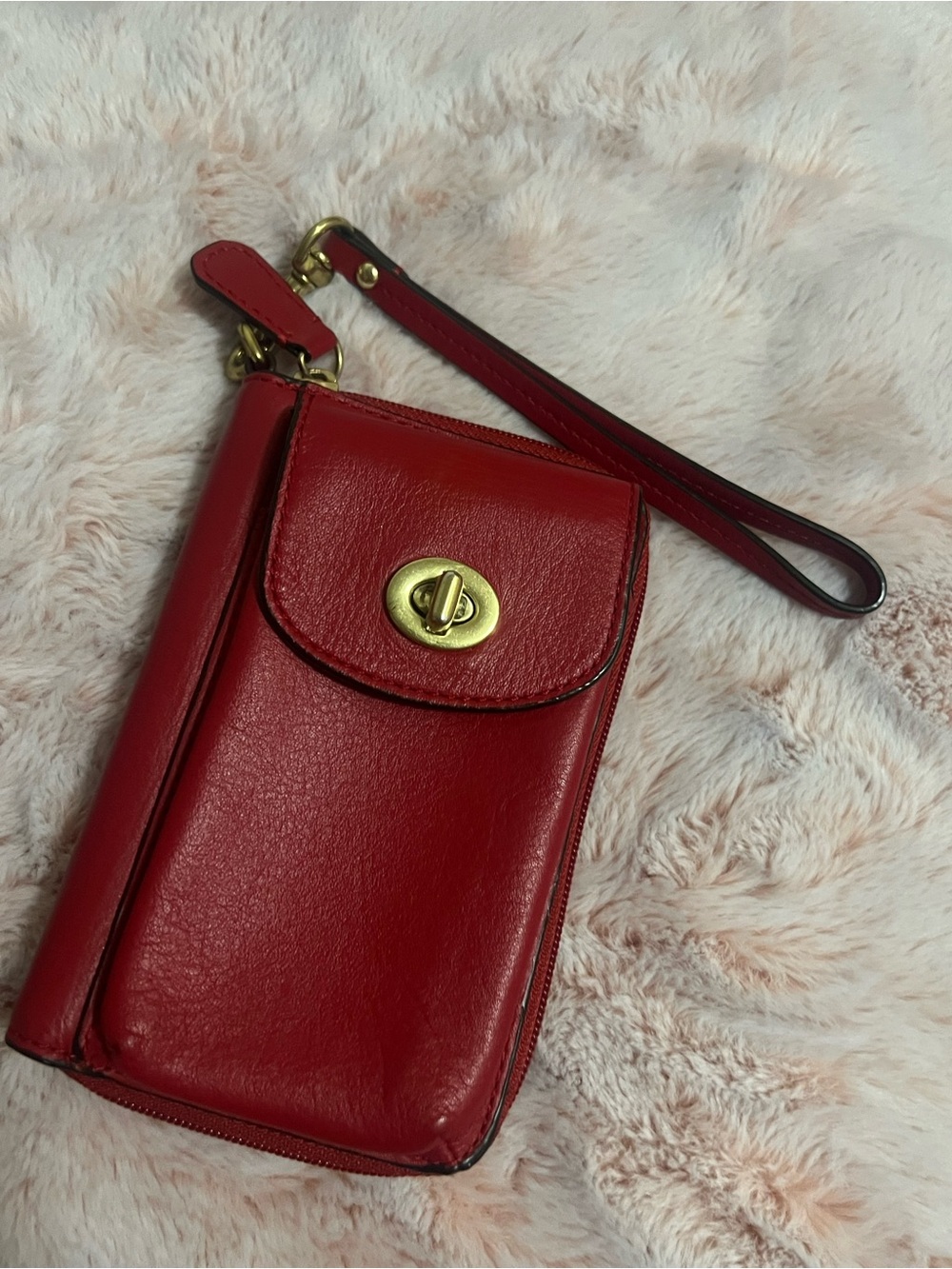 Coach Red Leather Wristlet Wallet with Gold Turnlock